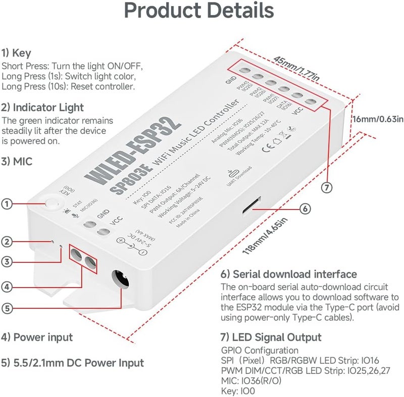 BTF-LIGHTING ESP32 WLED LED Strip Controller SP803E Built-in Mic DIY Dynamic Modes UART USB Type-C Download for WS2811,WS2812,SK6812,WS2814,WS2815 Addressable LED Strip/Matrix,PWM Dimming CCT RGB LED - Image 2